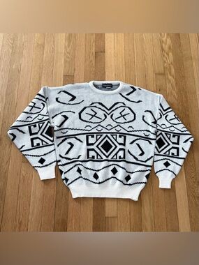 Vintage 70s Made In USA Playboy Sweater White Black Acrylic Rare Design Large
